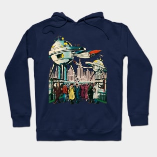 City Futuristic Buildings Crowd Space Rockets Retro Comic Vintage Cartoon Hoodie